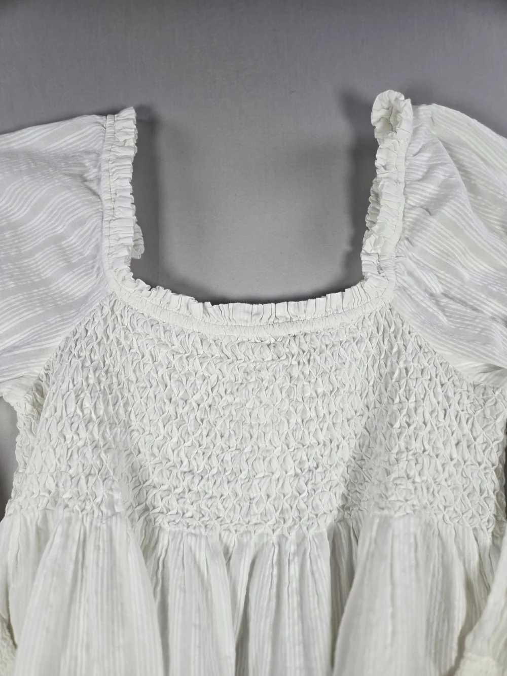 Anthropologie White Smocked Puff Sleeve Babydoll Blouse Peplum Top Gauze XL